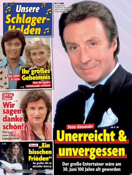 PETER ALEXANDER, ANDY BORG, CALIMEROS, DJ ÖTZI, NINO DE ANGELO, UDO JÜRGENS, MONIKA MARTIN, NICOLE, OLAF DER FLIPPER, PETER ORLOFF, FRANK SCHÖBEL u.a. <br>Seit 05.05.2026 im Handel: „Unsere Schlager-Helden (Nr. 3 | 2026)“