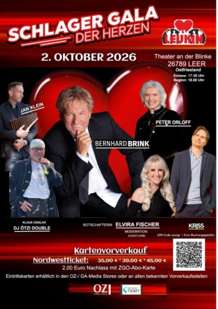 BERNHARD BRINK, ELVIRA FISCHER, KR!SS, PETER ORLOFF u.a. <br>Sie unterstützen das „Schlager-Gala der Herzen“ am 02.10.2026 in Leer!