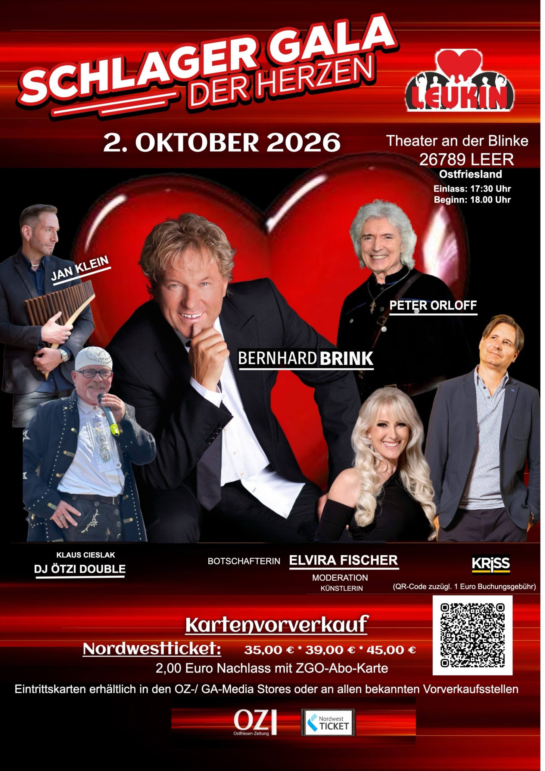 ELVIRA FISCHER mit BERNHARD BRINK, KRiSS, PETER ORLOFF u.a. <br>Schlager-Gala der Herzen (zugunsten der LEUKIN Stiftung) am 02.10.2026 im Theater an der Blinke in D- 26789 LEER (Ostfriesland)